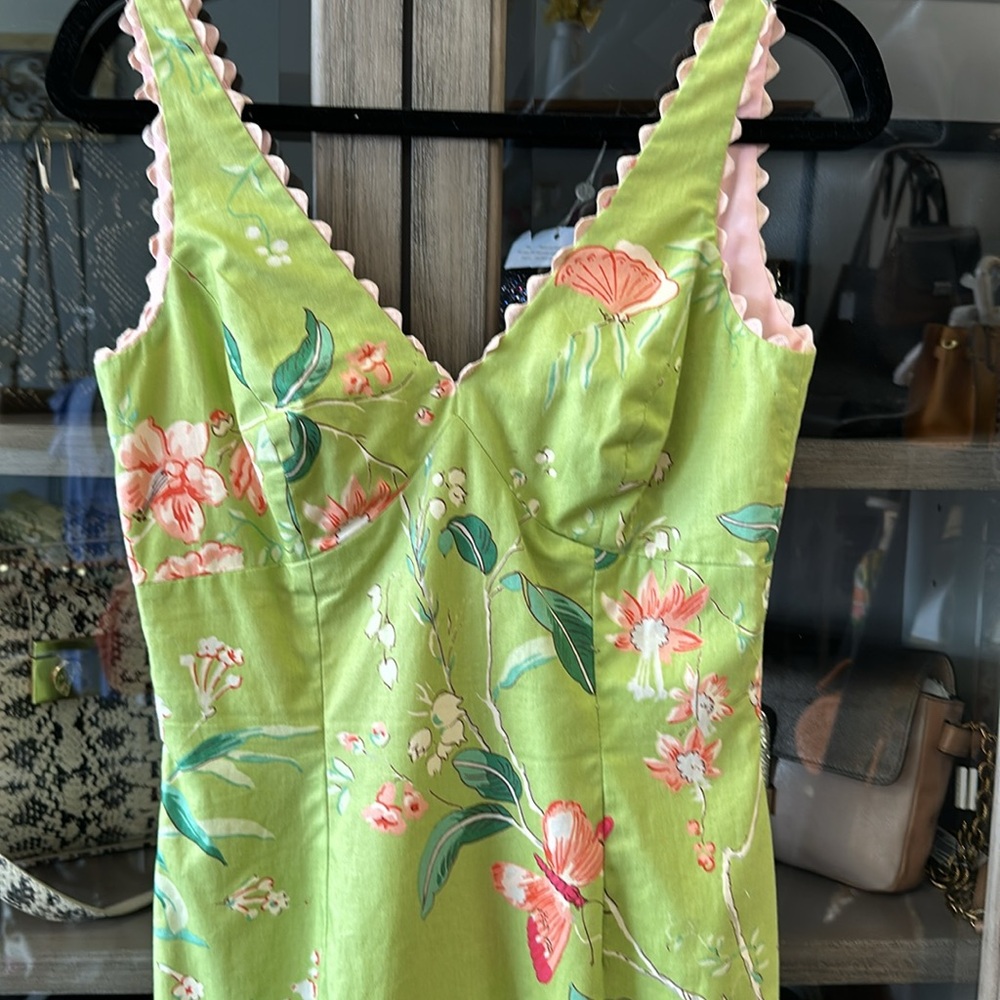 Green Floral Midi Dress with Pink Trim